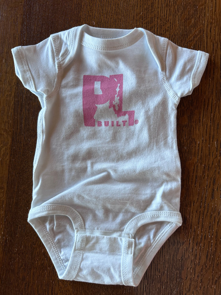 Infant PL Built Pink Logo on a White Onesie