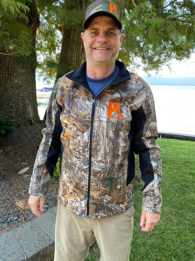 Sale! Camo Shoft Shell jacket- PL Built Embroidered orange- Unisex