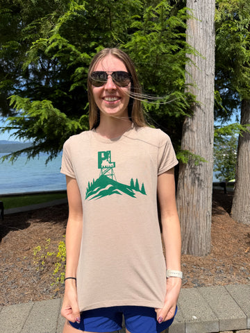Women’s PL Built Lookout Design Crewneck Tee Shirt- Desert Tan Heather
