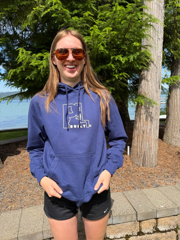 Hoodie Sweatshirt- Navy PL Built Classic Outline on front & Lake on Back