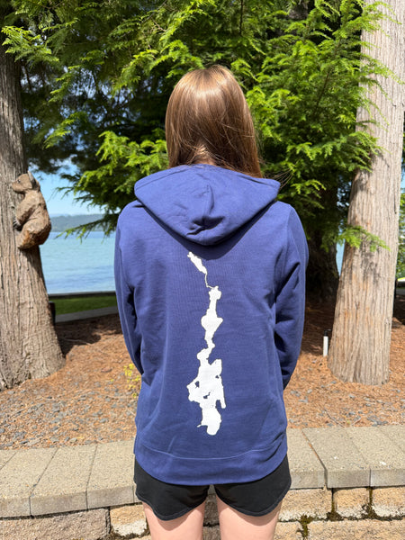 Hoodie Sweatshirt- Navy PL Built Classic Outline on front & Lake on Back