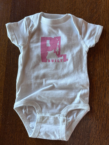 Infant PL Built Pink Logo on a White Onesie