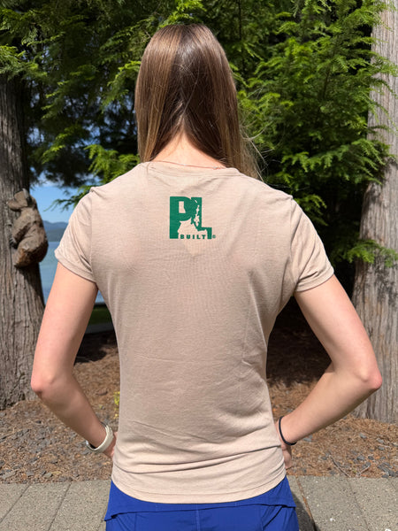 Women’s PL Built Lookout Design Crewneck Tee Shirt- Desert Tan Heather