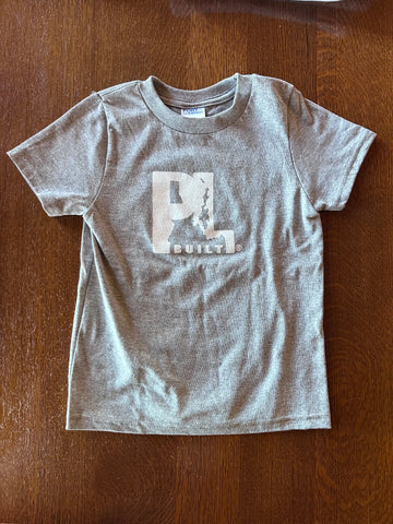 Toddler PL Built White Logo on a Grey t-shirt