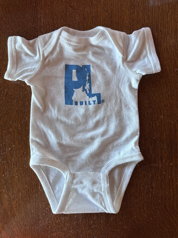 Infant PL Built Blue Logo on a White Onseie